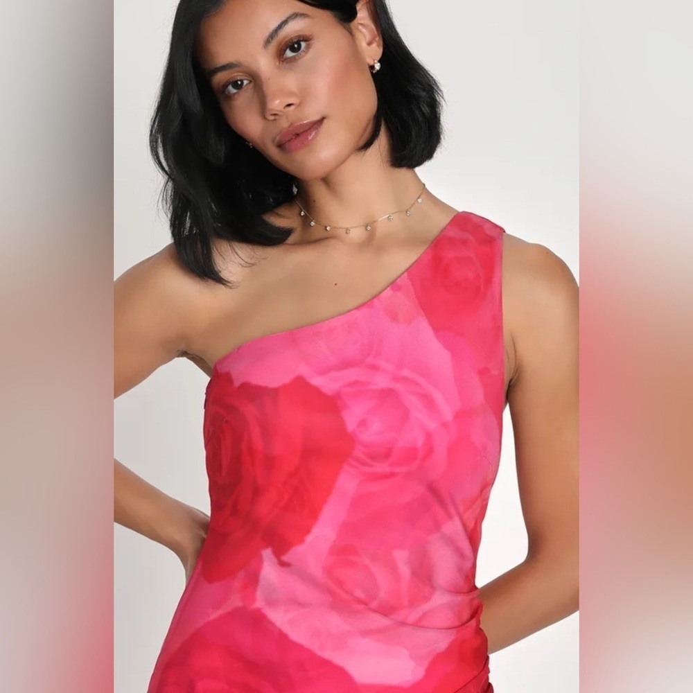 Lulus pretty Serene pink floral one shoulder asymmetrical midi dress Sz M nwot - Picture 2 of 4